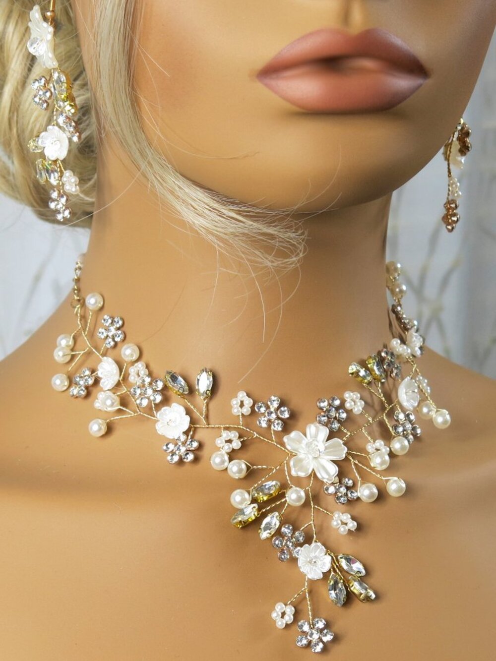 Bridal Pearl 3 PC Wedding Floral Necklace and Flower Earrings Jewelry Set